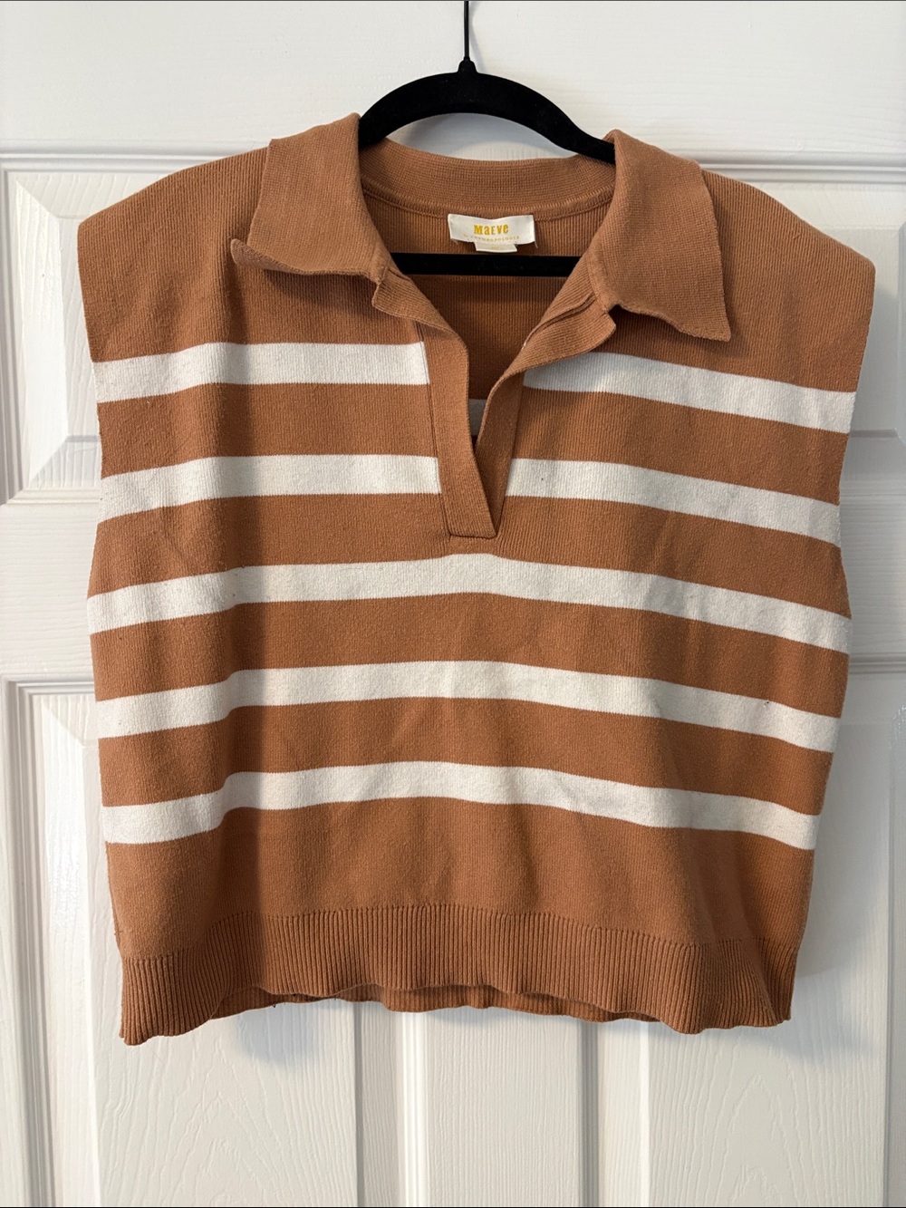 Maeve Tan and White Striped V‑Notch Polo Sweater Vest
